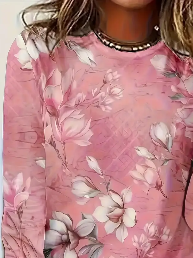 Lässig Geblümt Rundhals Langarm T-Shirt
