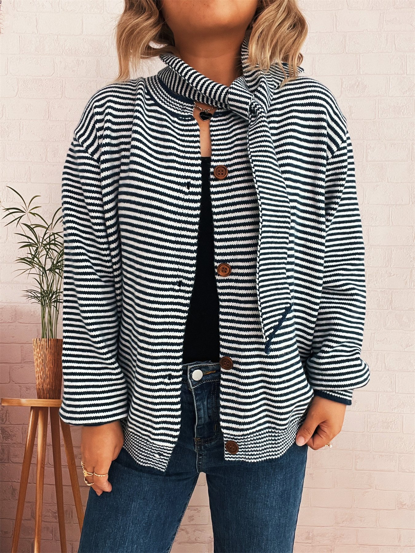 Damen Baumwolle Gestreift Langarm Bequem Lässig Strickjacke