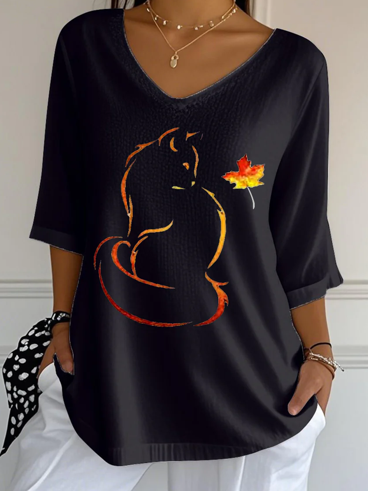 Retro Katze Rundhals Dreiviertelärmel T-Shirt
