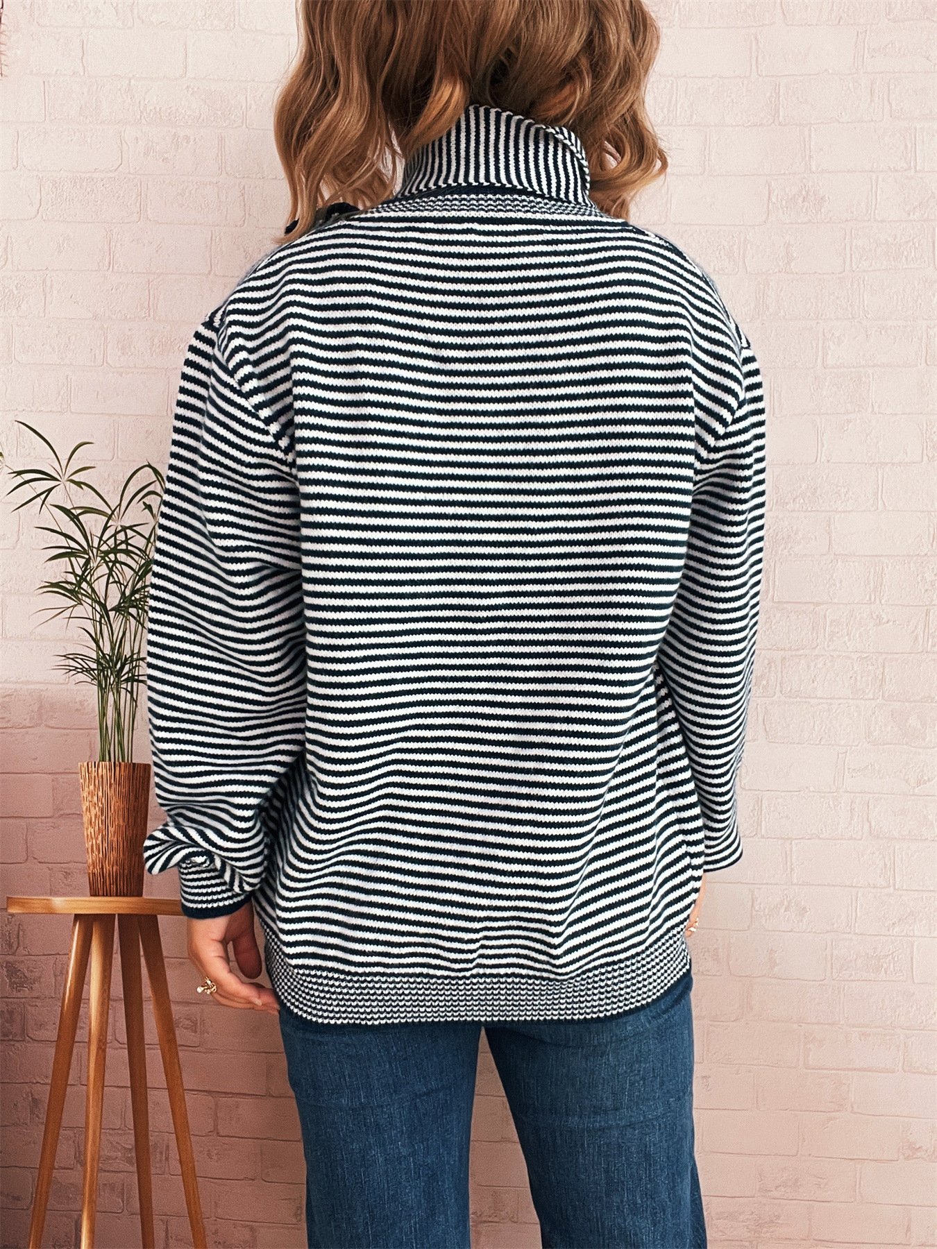 Damen Baumwolle Gestreift Langarm Bequem Lässig Strickjacke