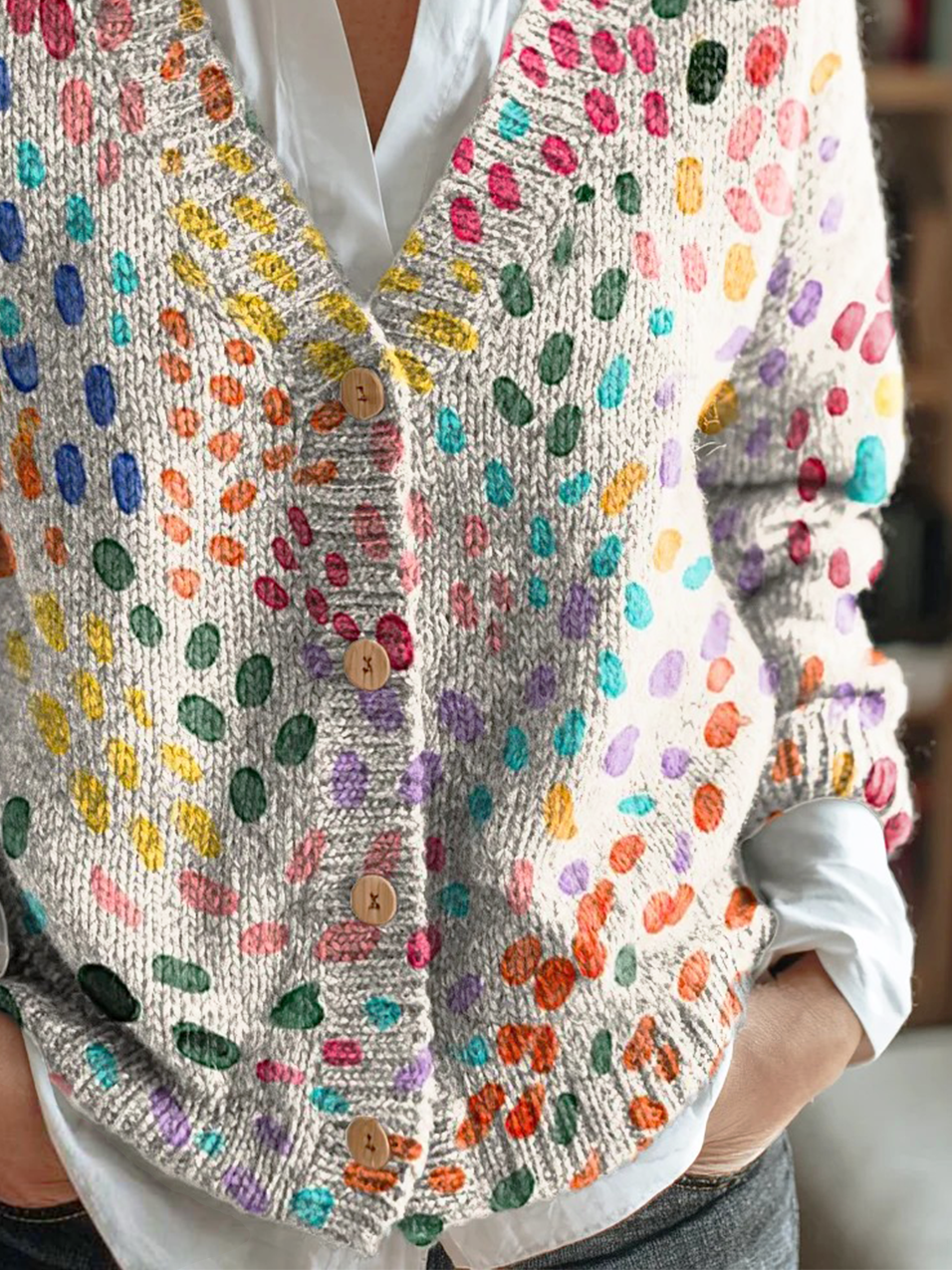 Damen Geometrisch Langarm Bequem Retro Strickjacke