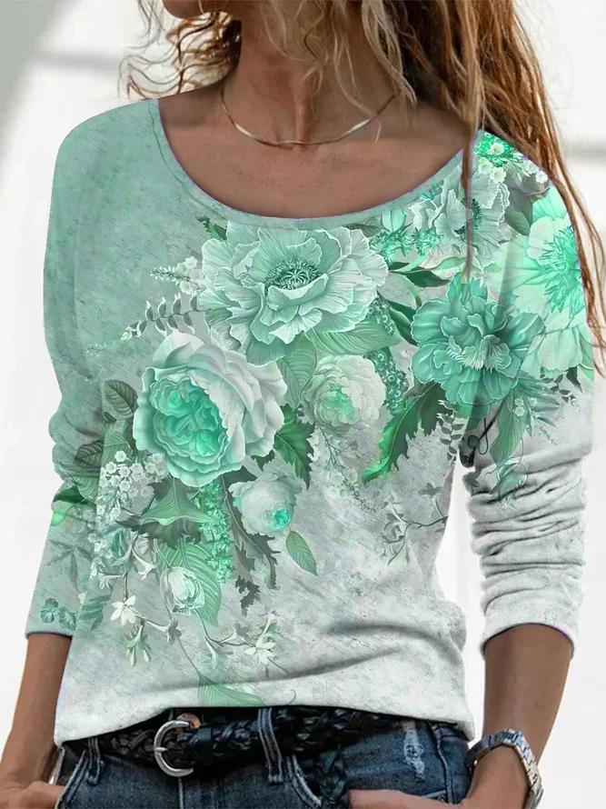 Lässig Geblümt Rundhals Langarm T-Shirt