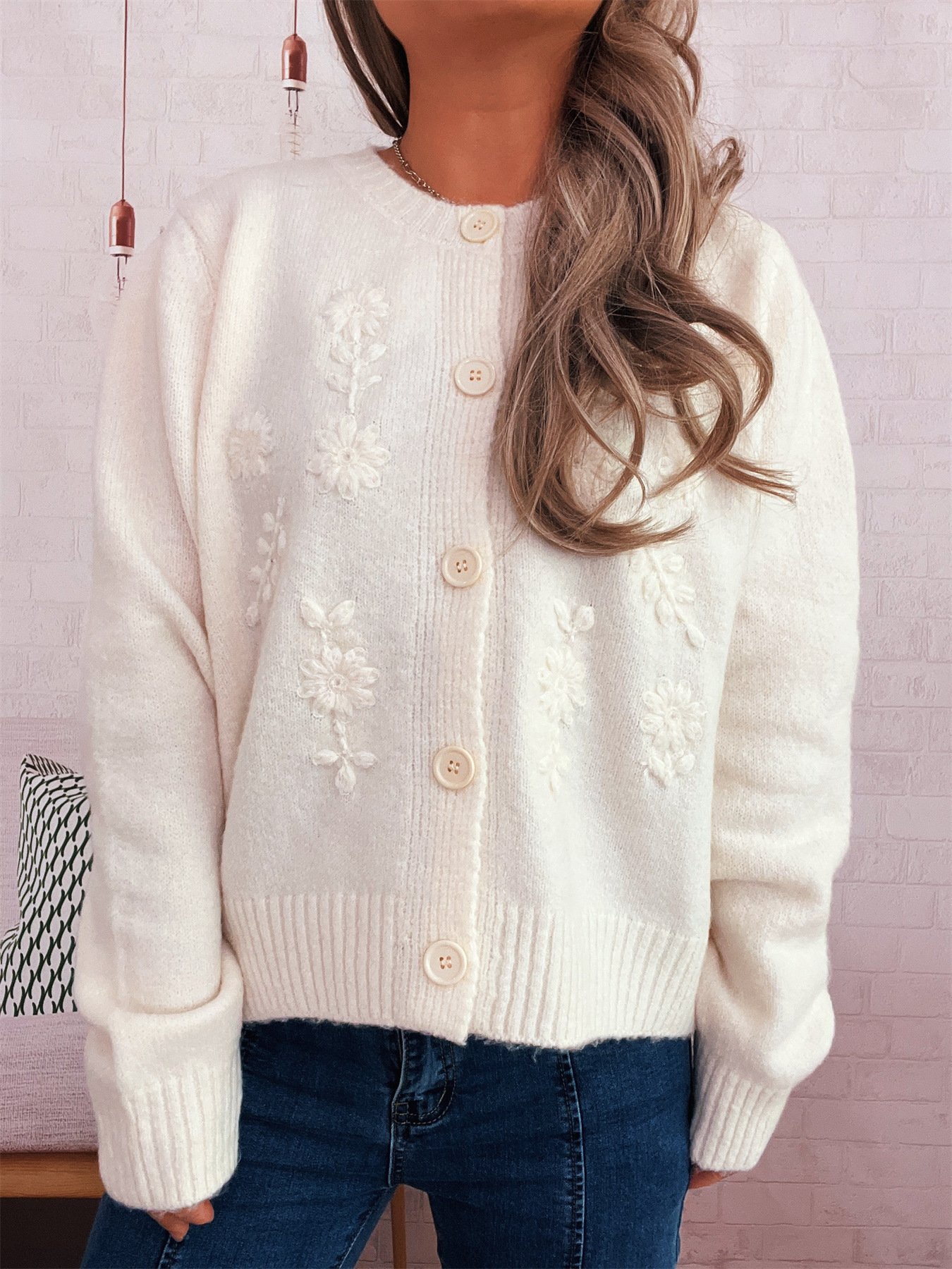 Damen Baumwolle Unifarben Langarm Bequem Lässig Strickjacke
