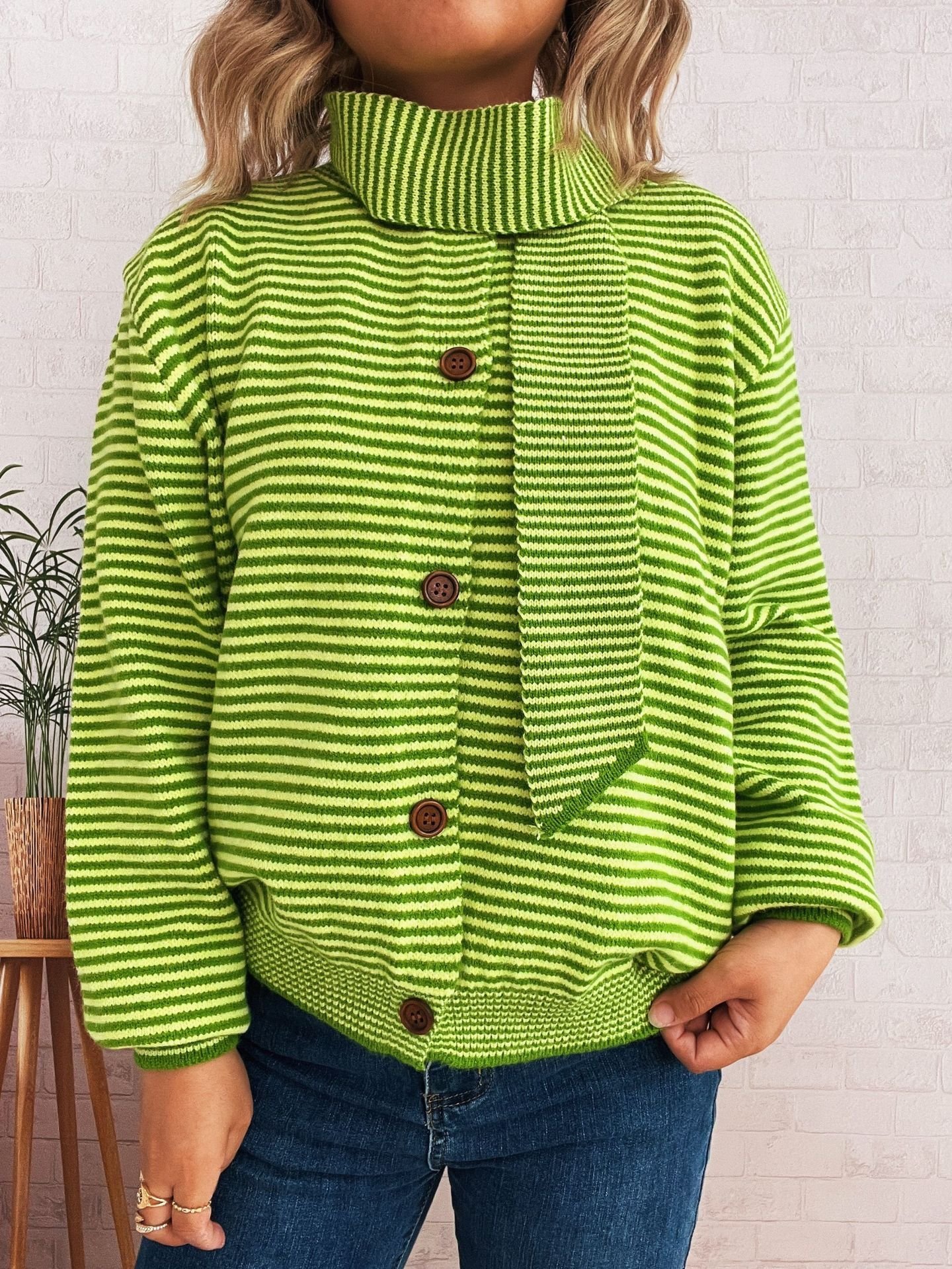 Damen Baumwolle Gestreift Langarm Bequem Lässig Strickjacke