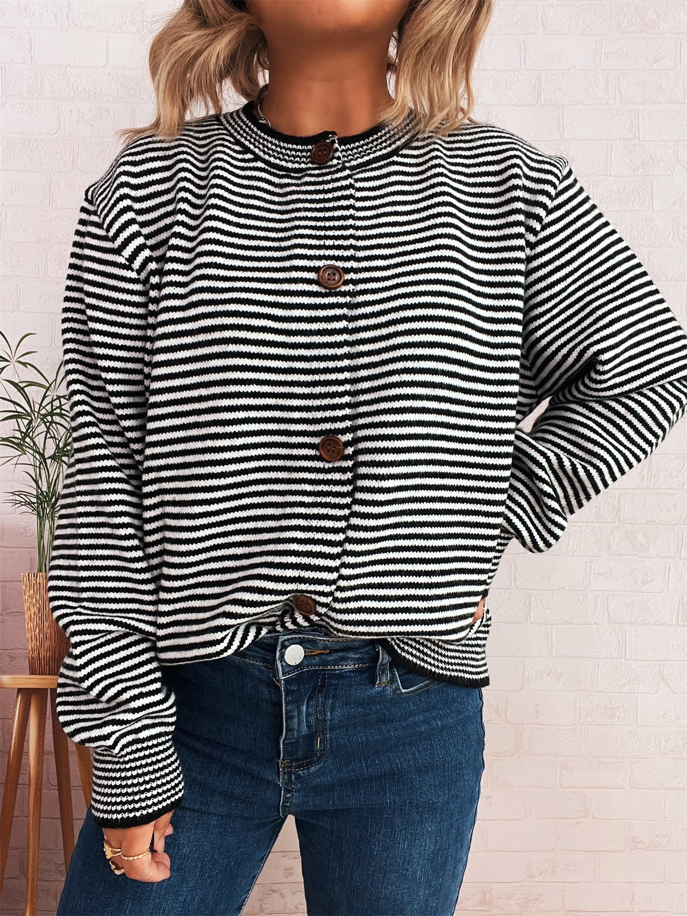 Damen Baumwolle Gestreift Langarm Bequem Lässig Strickjacke