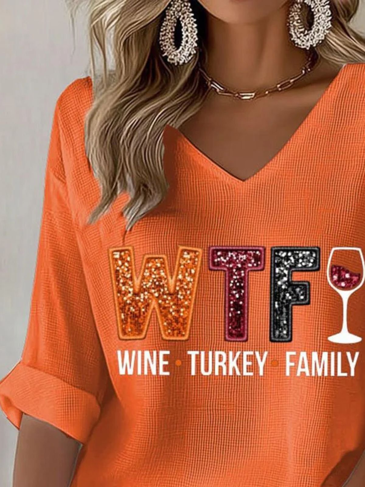 Lässig Weihnachten Wein Glas V-Ausschnitt Dreiviertelärmel T-Shirt
