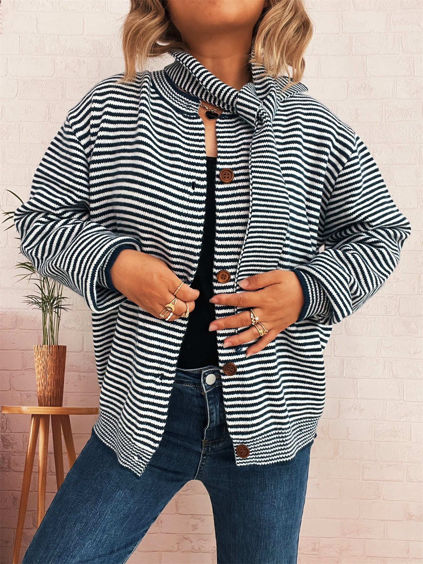 Damen Baumwolle Gestreift Langarm Bequem Lässig Strickjacke