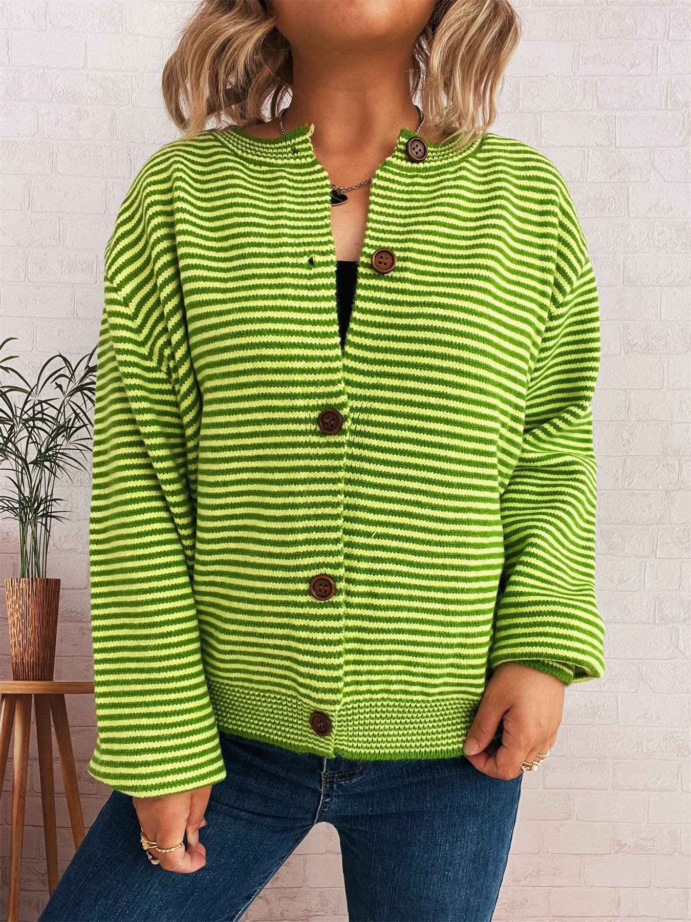 Damen Baumwolle Gestreift Langarm Bequem Lässig Strickjacke