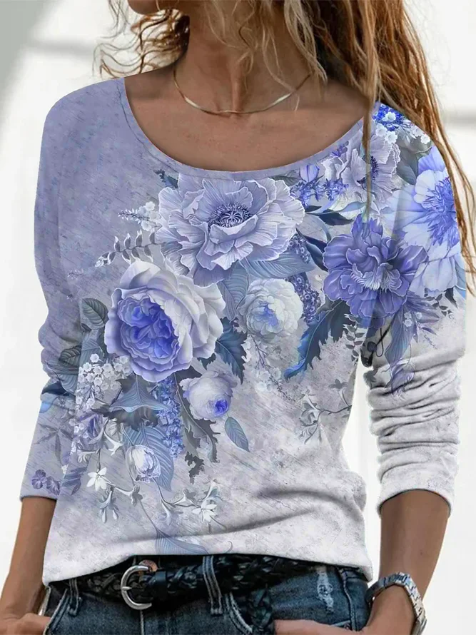 Lässig Geblümt Rundhals Langarm T-Shirt