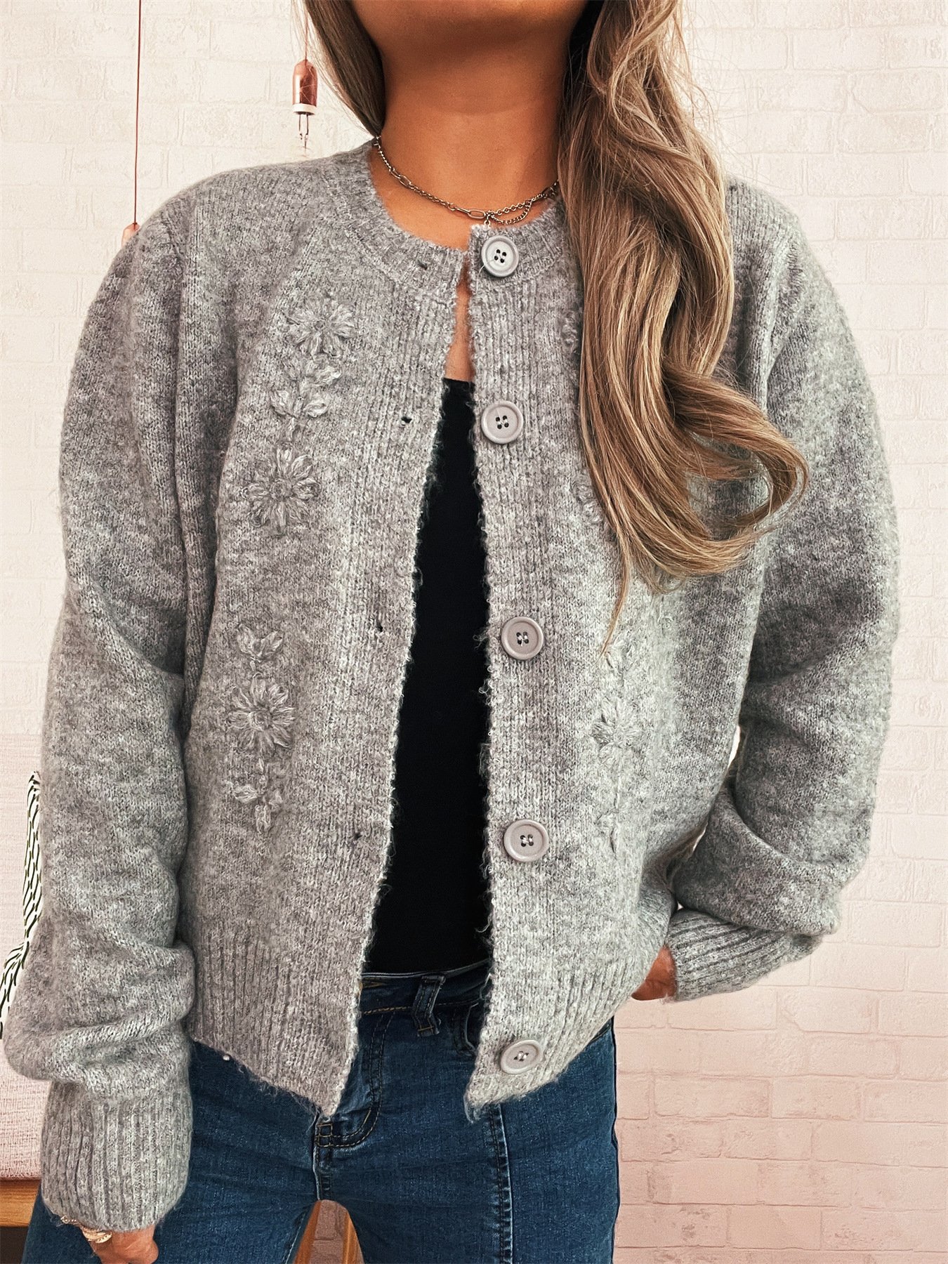 Damen Baumwolle Unifarben Langarm Bequem Lässig Strickjacke
