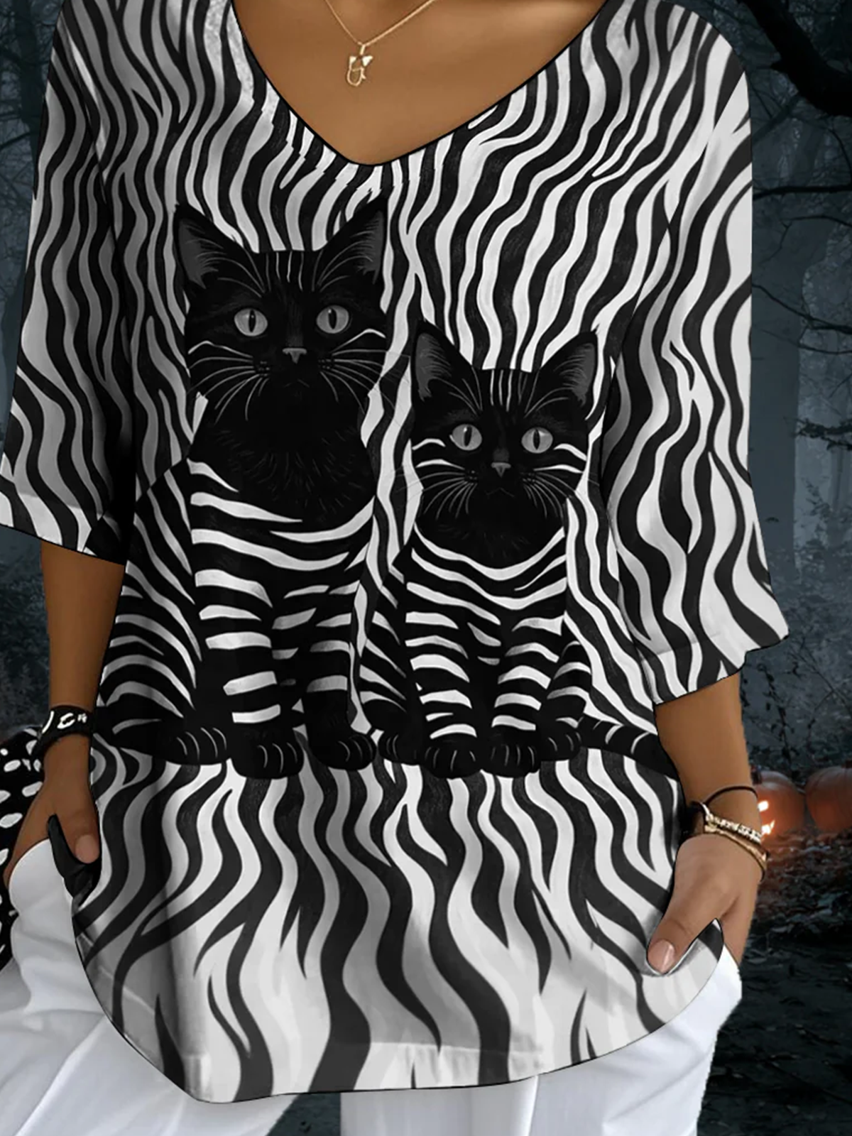 Retro Katze Rundhals Dreiviertelärmel T-Shirt