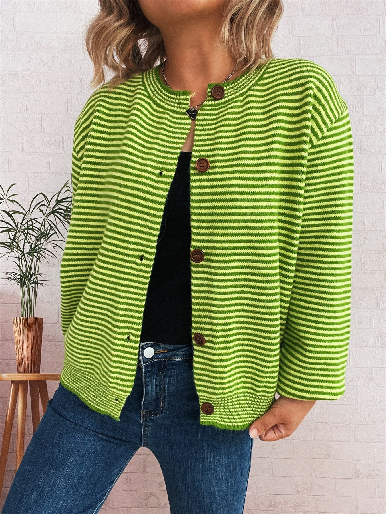 Damen Baumwolle Gestreift Langarm Bequem Lässig Strickjacke