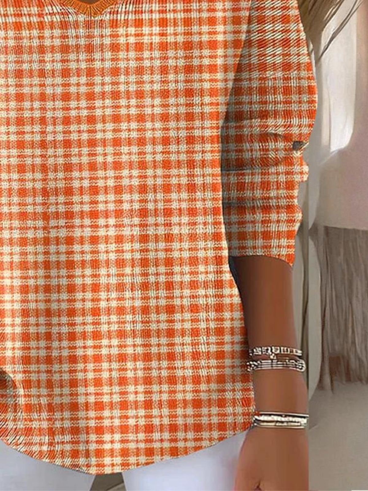 Damen Baumwolle Kariert Langarm Bequem Lässig Pullover
