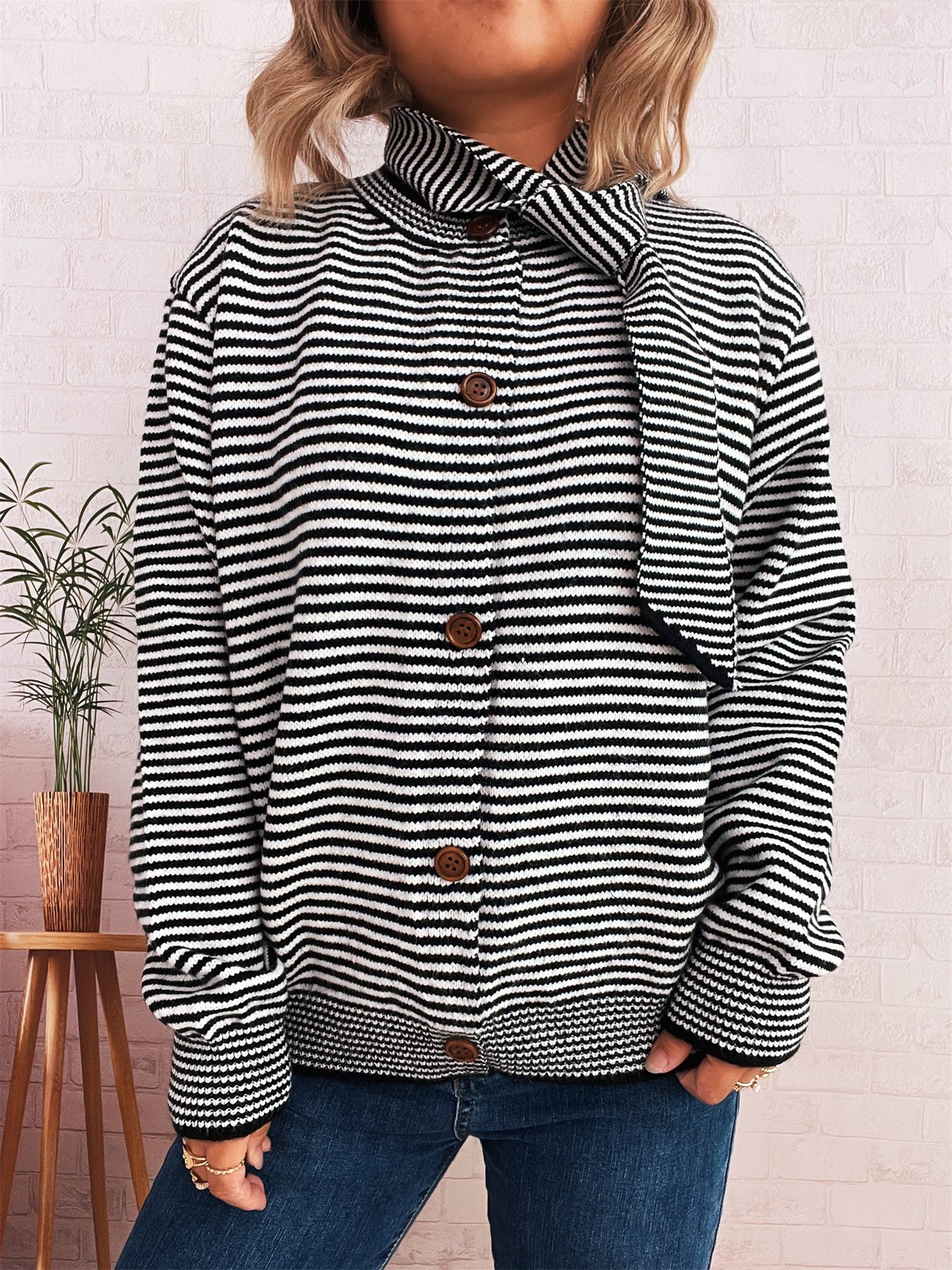 Damen Baumwolle Gestreift Langarm Bequem Lässig Strickjacke