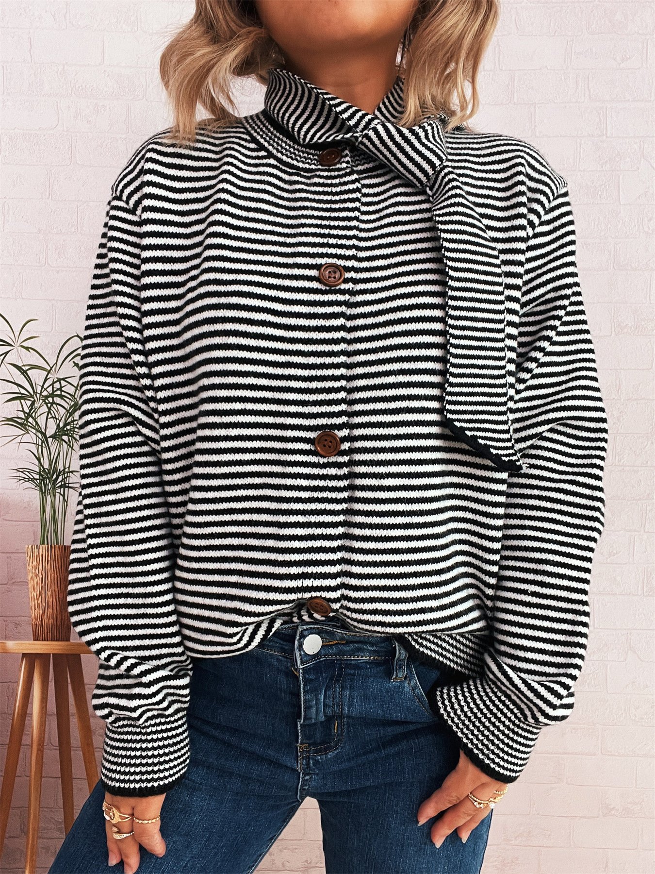 Damen Baumwolle Gestreift Langarm Bequem Lässig Strickjacke