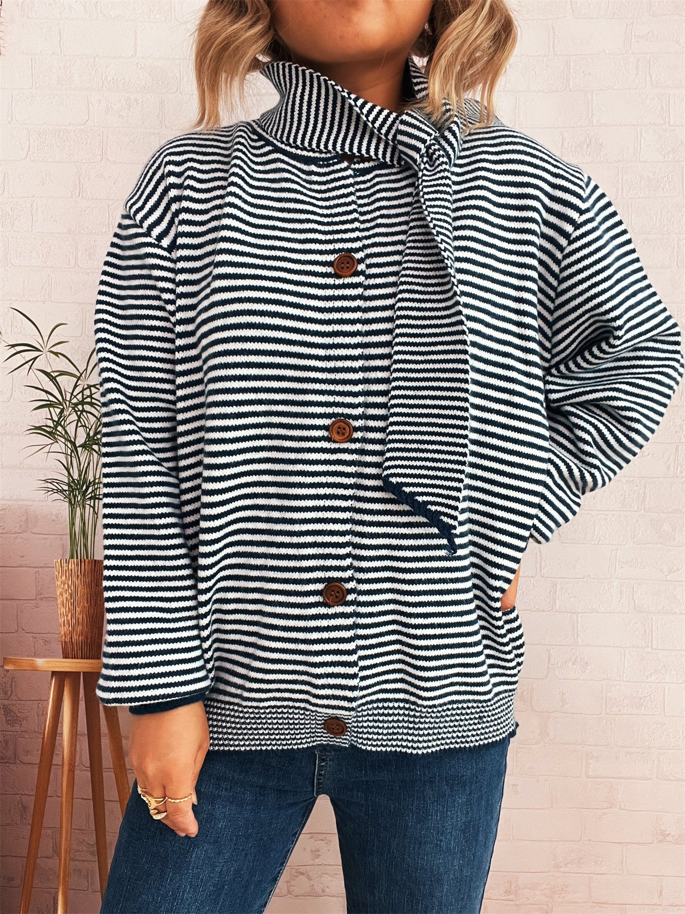 Damen Baumwolle Gestreift Langarm Bequem Lässig Strickjacke