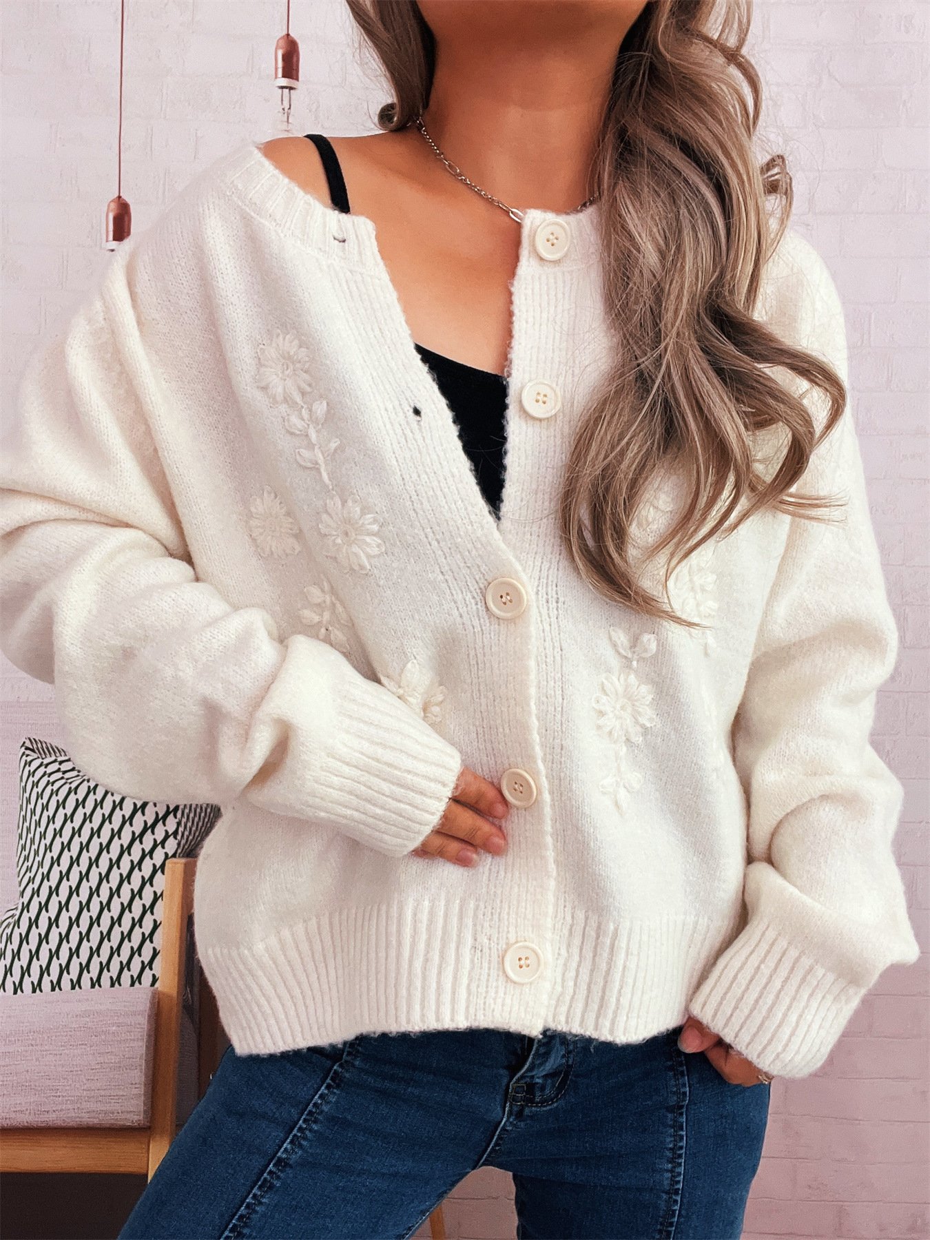 Damen Baumwolle Unifarben Langarm Bequem Lässig Strickjacke