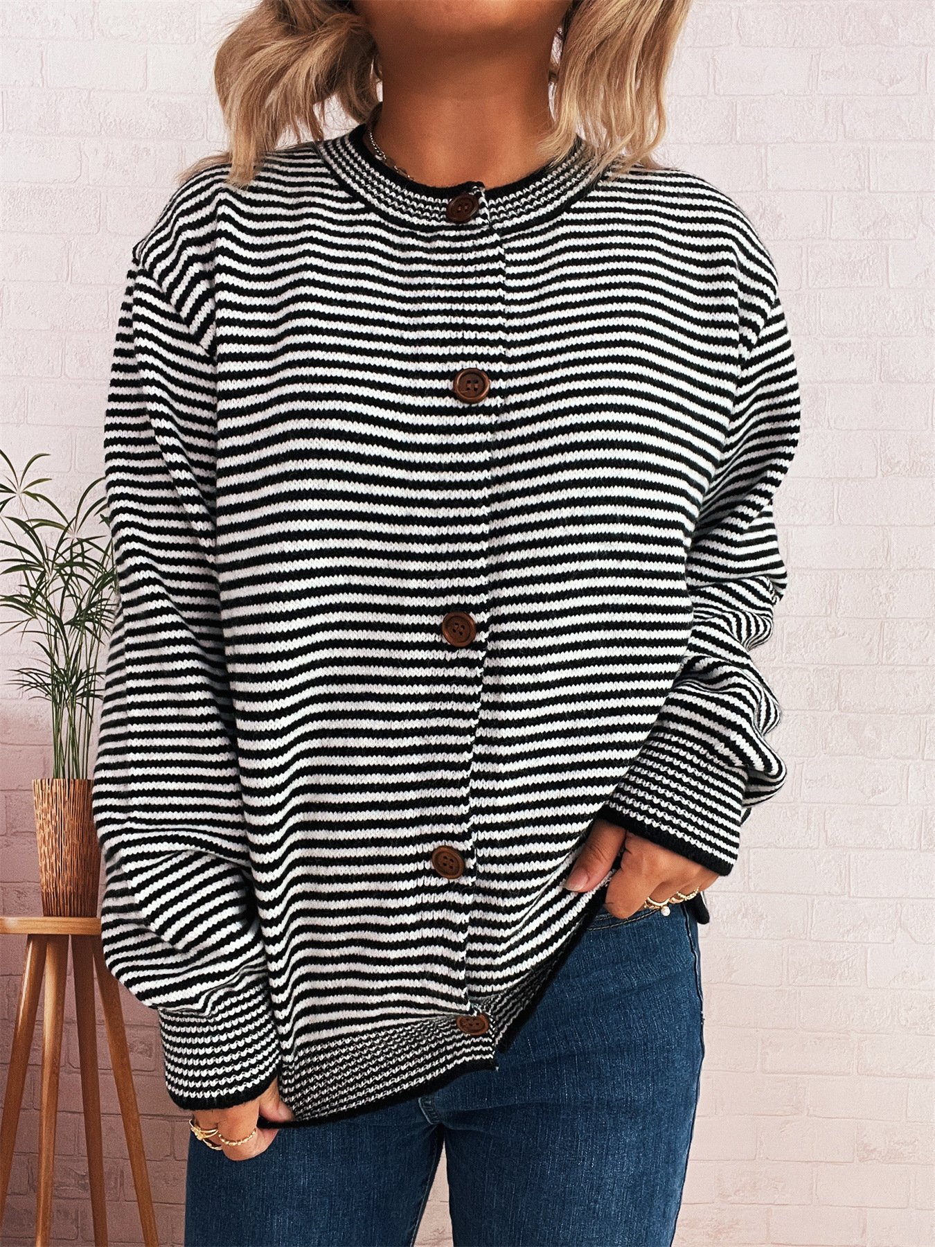Damen Baumwolle Gestreift Langarm Bequem Lässig Strickjacke