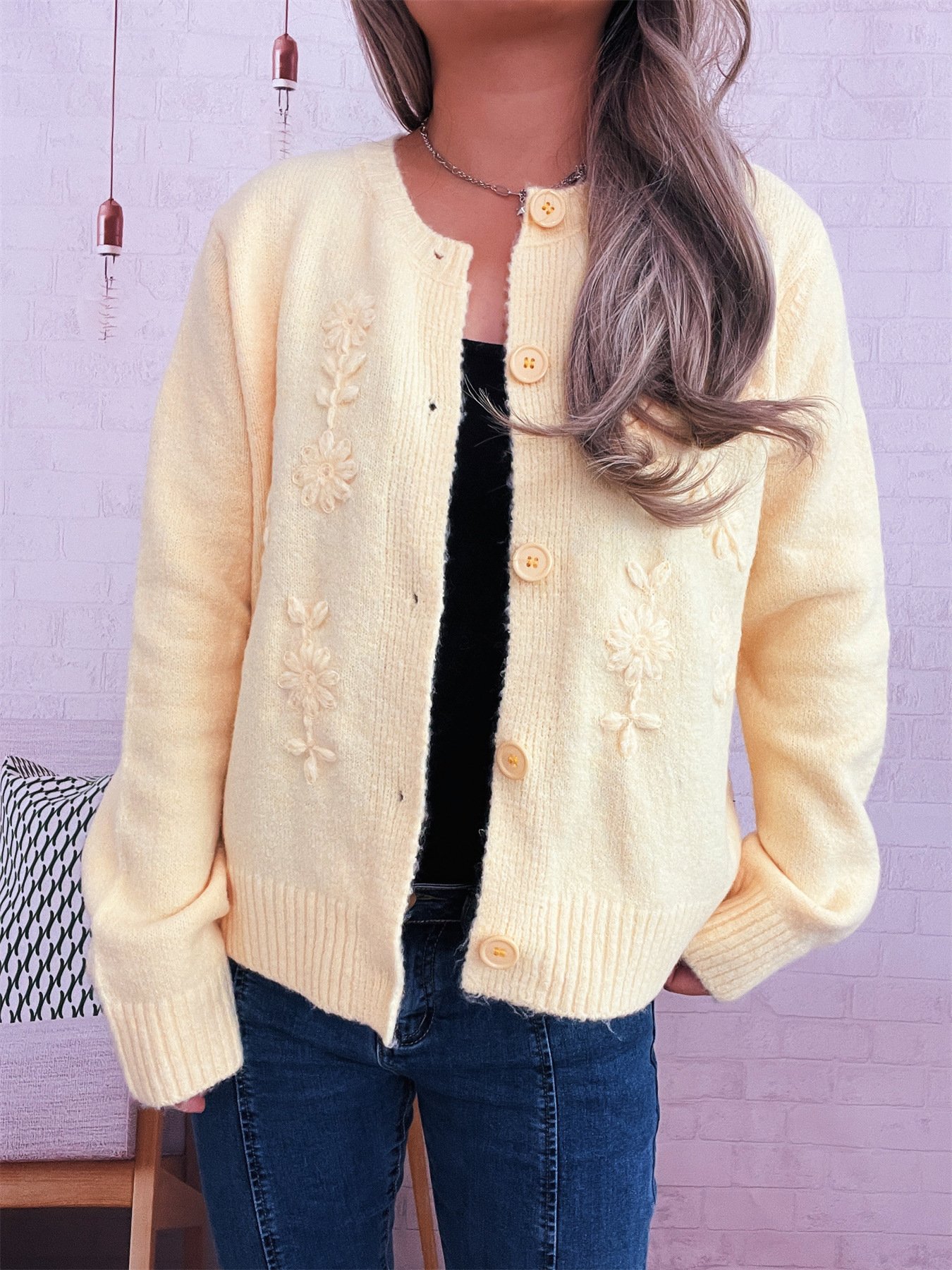 Damen Baumwolle Unifarben Langarm Bequem Lässig Strickjacke