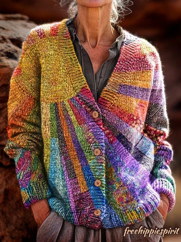 Damen Verlaufsmuster Langarm Bequem Retro Strickjacke