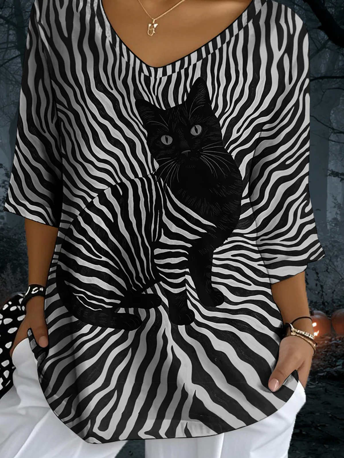 Retro Katze Rundhals Dreiviertelärmel T-Shirt