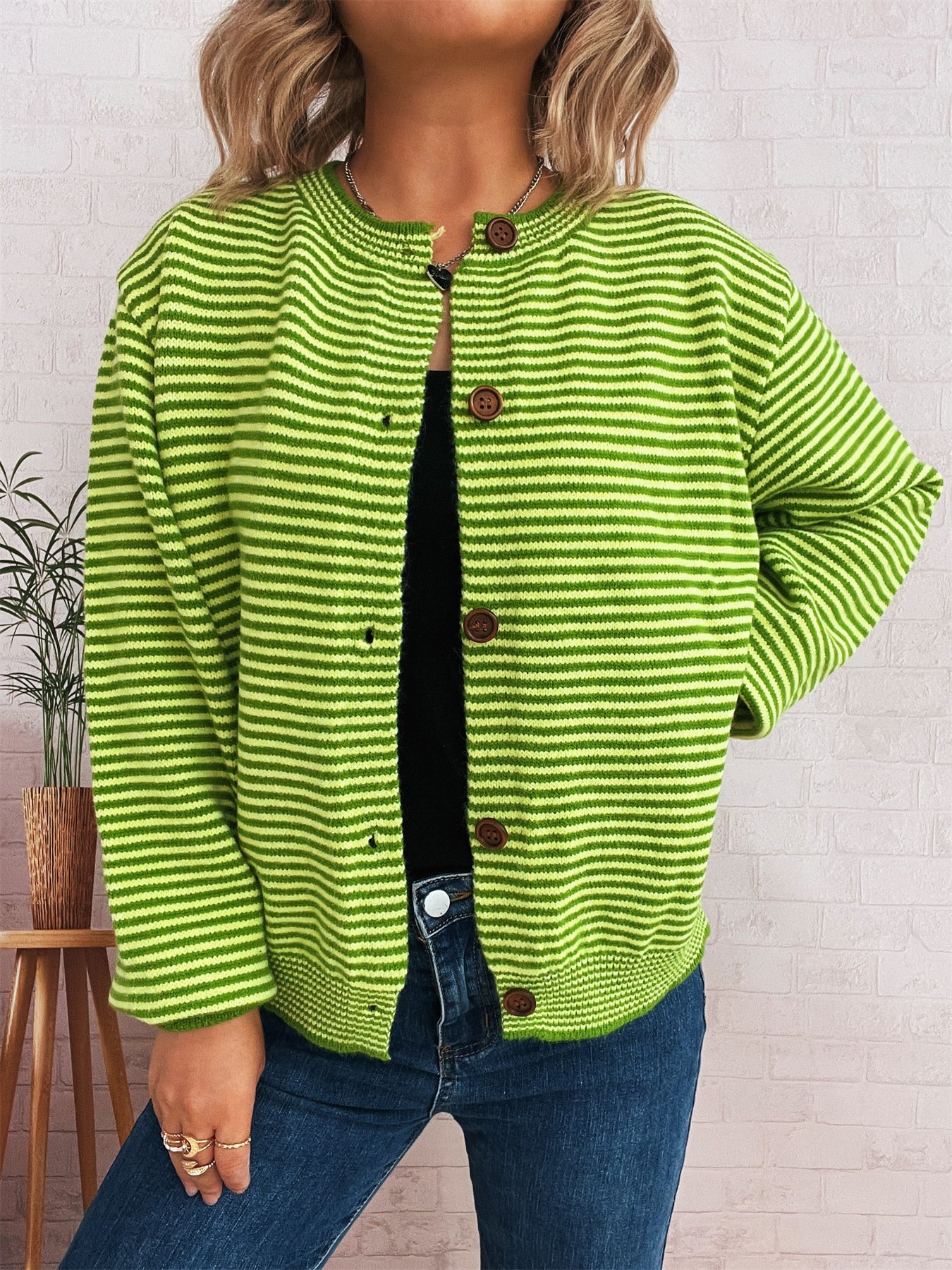 Damen Baumwolle Gestreift Langarm Bequem Lässig Strickjacke