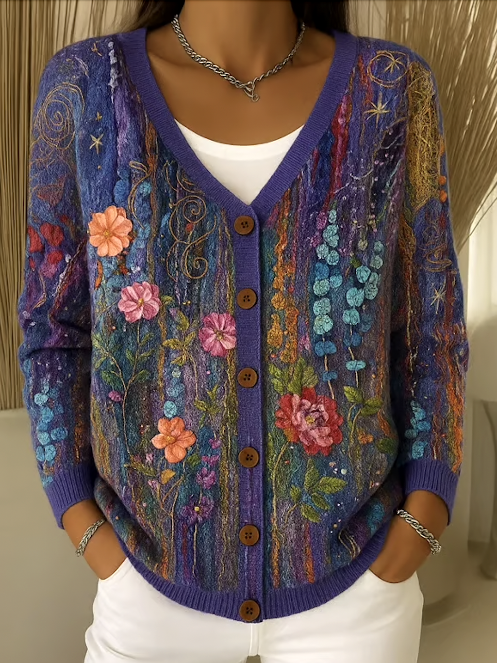 Damen Baumwolle Geblümt Langarm Bequem Lässig Strickjacke
