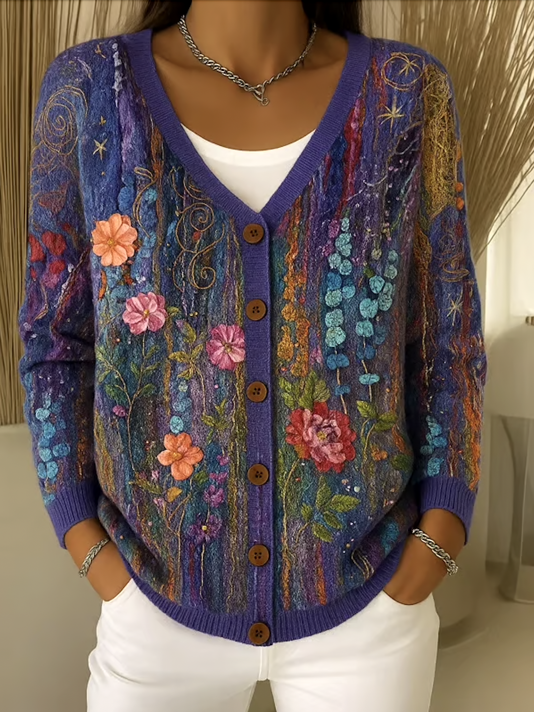 Damen Baumwolle Geblümt Langarm Bequem Lässig Strickjacke
