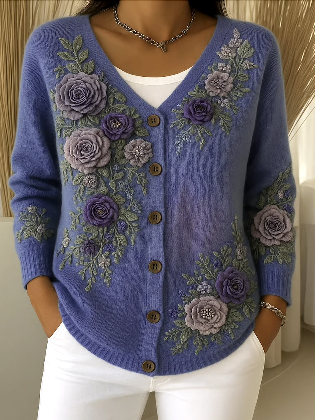 Damen Baumwolle Geblümt Langarm Bequem Lässig Strickjacke