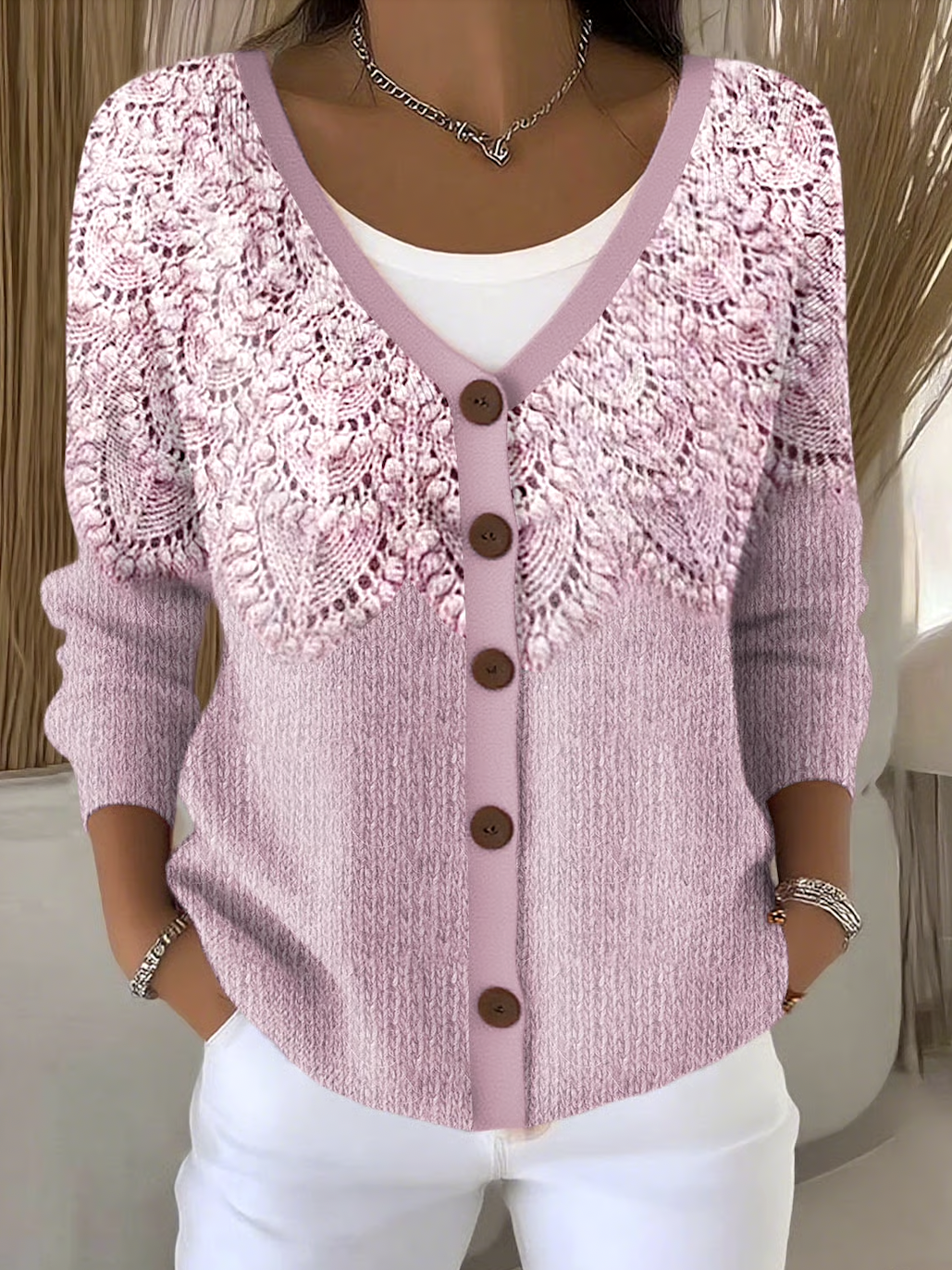 Damen Baumwolle Geblümt Langarm Bequem Lässig Strickjacke