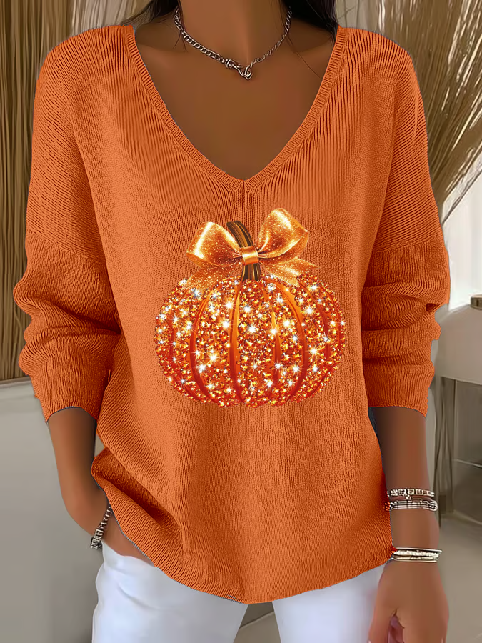 Lässig Halloween (Kürbis) V-Ausschnitt Langarm T-Shirt