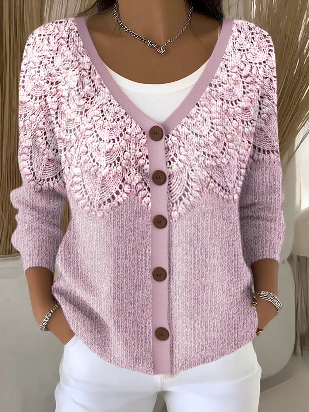 Damen Baumwolle Geblümt Langarm Bequem Lässig Strickjacke