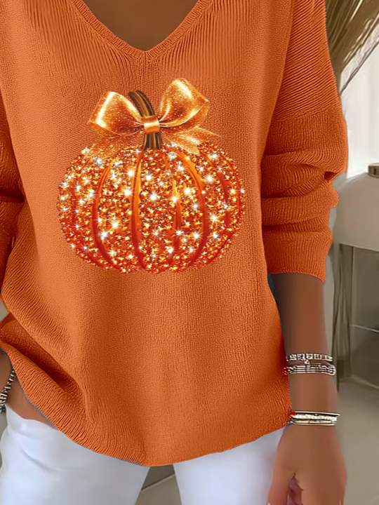 Lässig Halloween (Kürbis) V-Ausschnitt Langarm T-Shirt