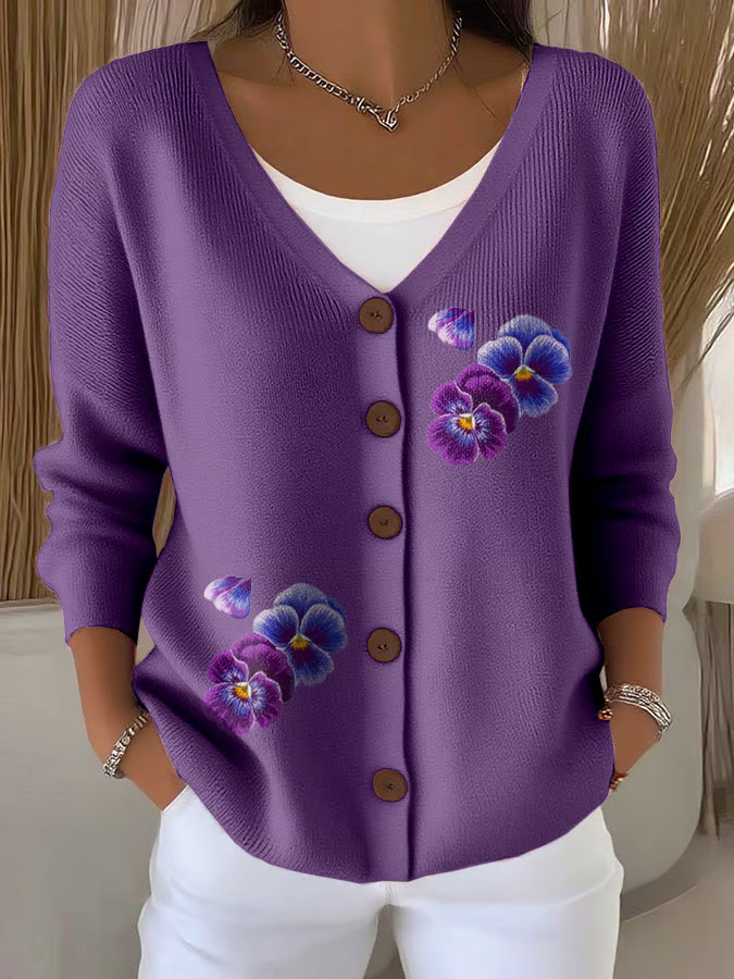 Damen Baumwolle Geblümt Langarm Bequem Lässig Strickjacke