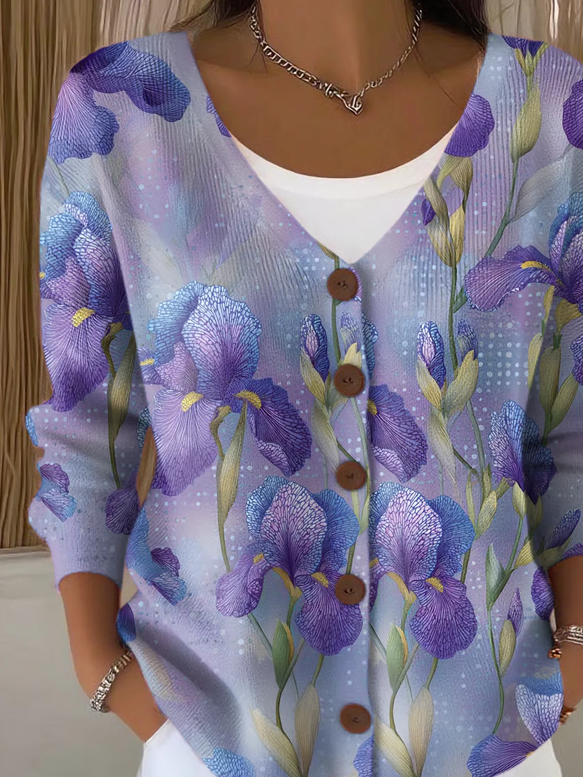 Damen Baumwolle Geblümt Langarm Bequem Lässig Strickjacke