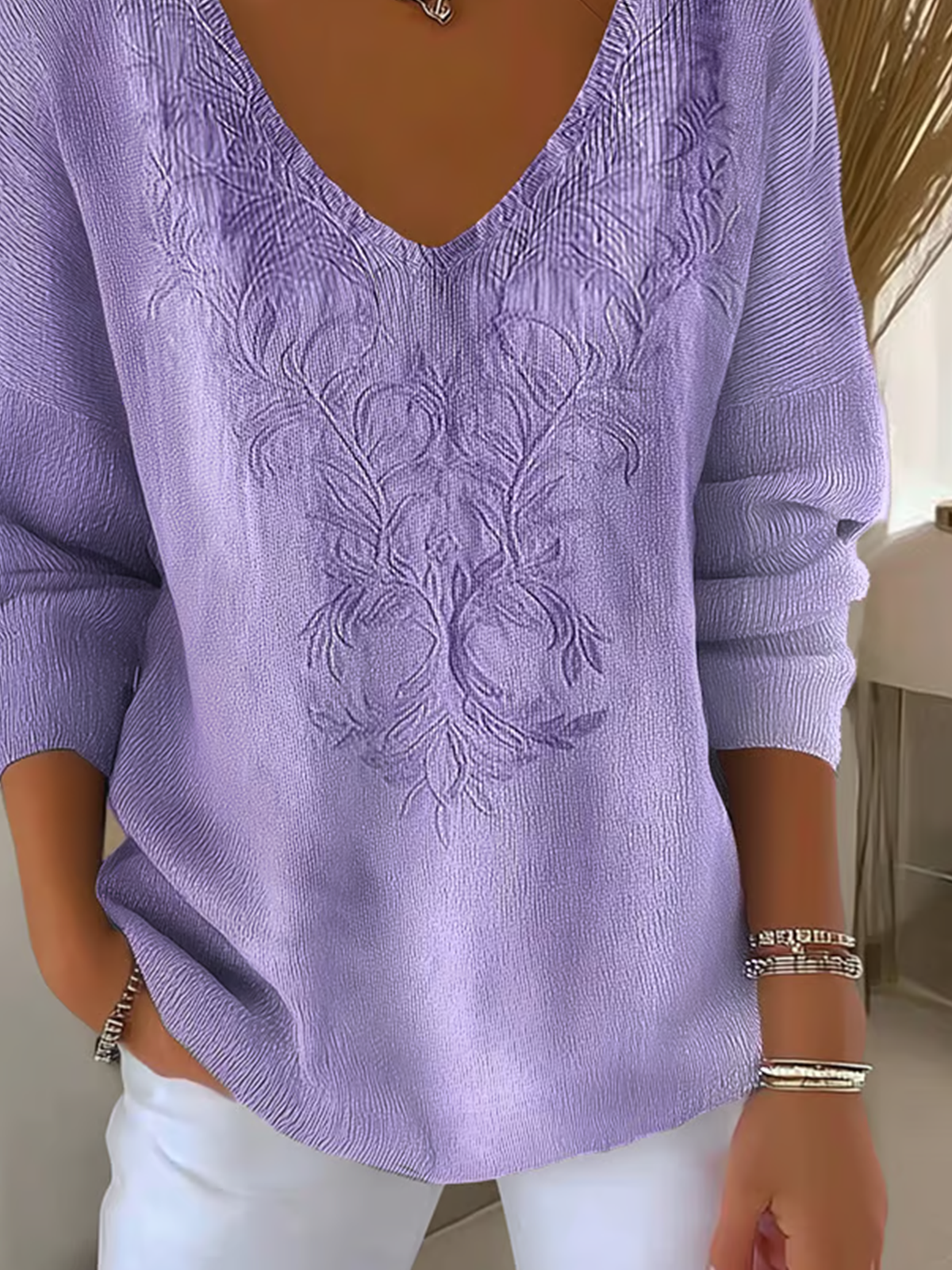 Damen Baumwolle Geometrisch Langarm Bequem Lässig Pullover