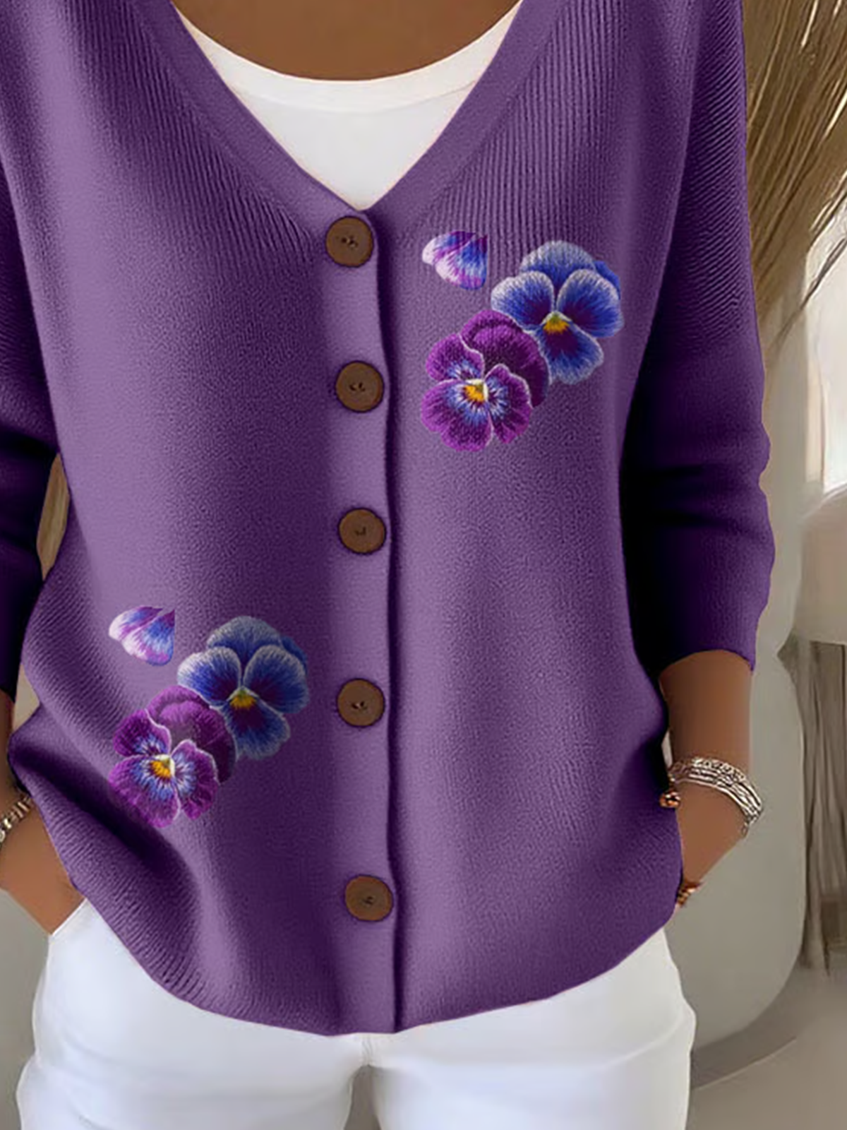 Damen Baumwolle Geblümt Langarm Bequem Lässig Strickjacke