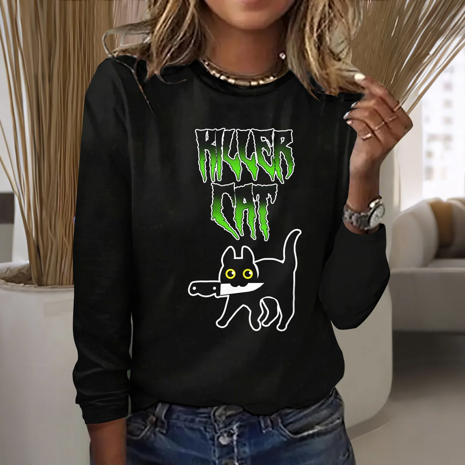 Retro Tier Rundhals Langarm T-Shirt