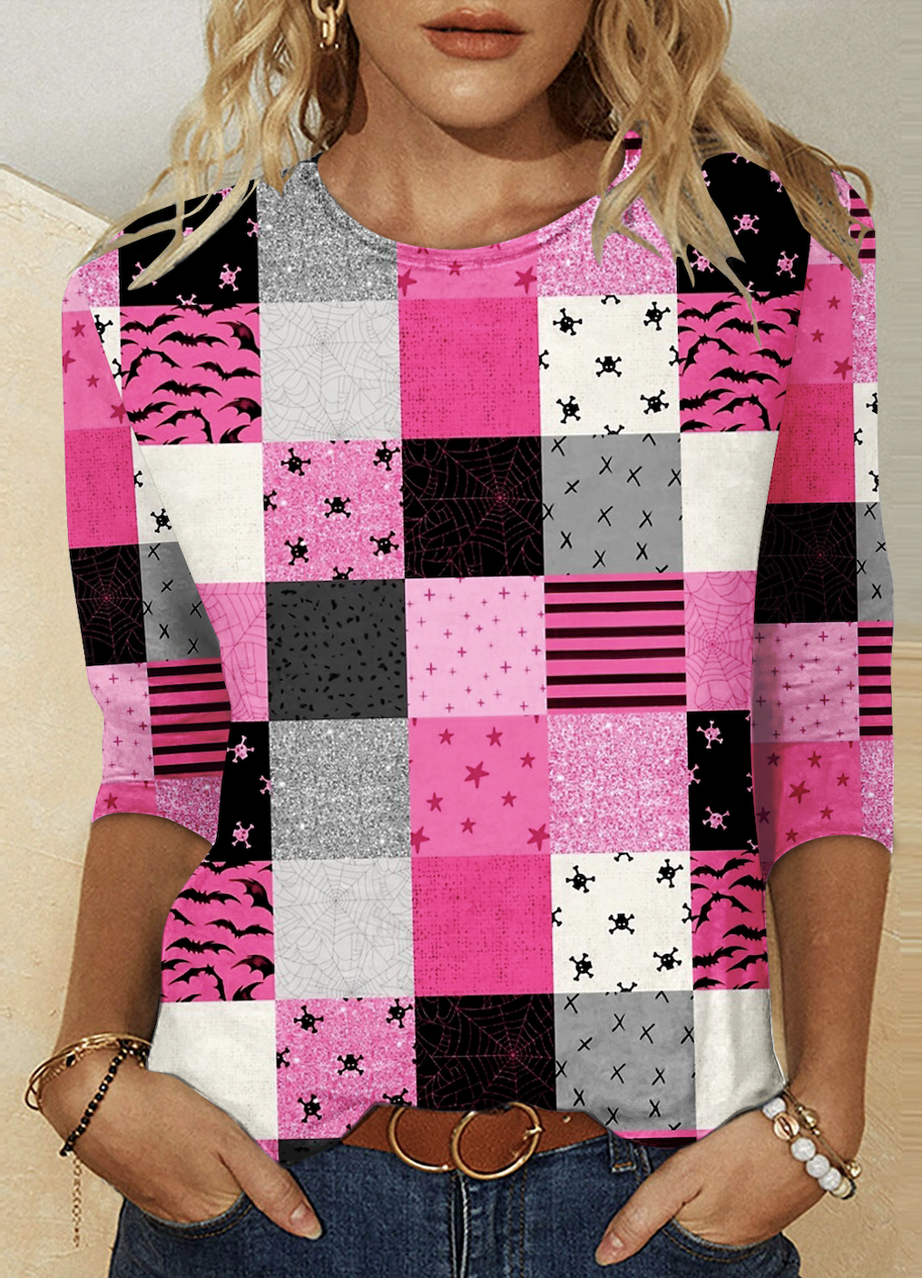 Retro Geometrisch Rundhals Langarm T-Shirt