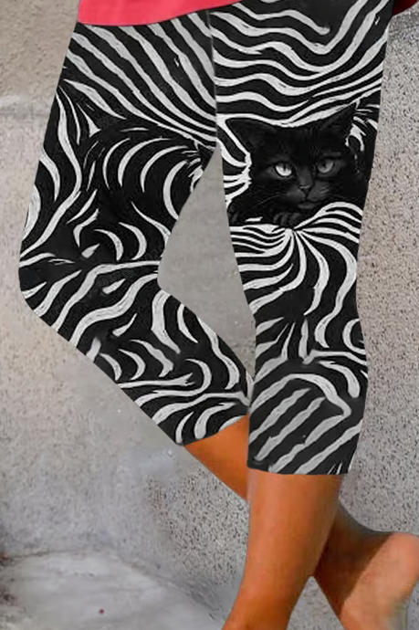 Damen Katze Caprihosen Elastische Taille Hose Lässig Sommer Hose