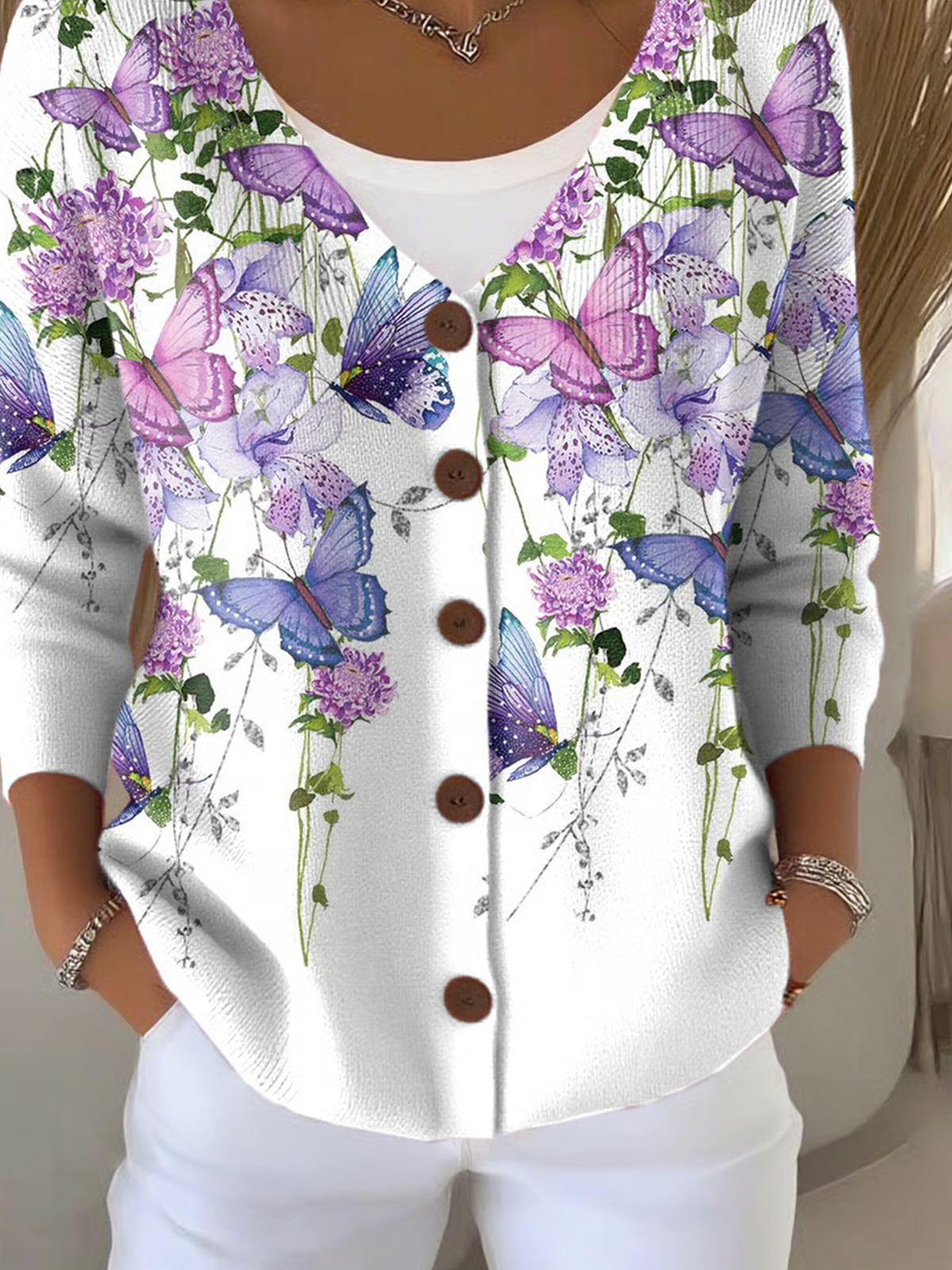 Damen Baumwolle Geblümt Langarm Bequem Lässig Strickjacke