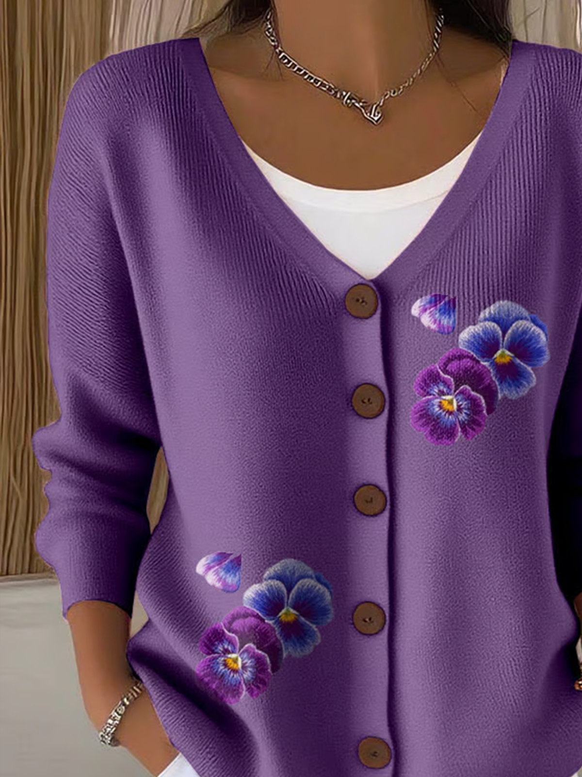Damen Baumwolle Geblümt Langarm Bequem Lässig Strickjacke
