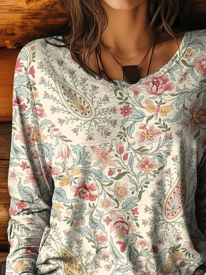 Lässig Geblümt Rundhals Langarm T-Shirt