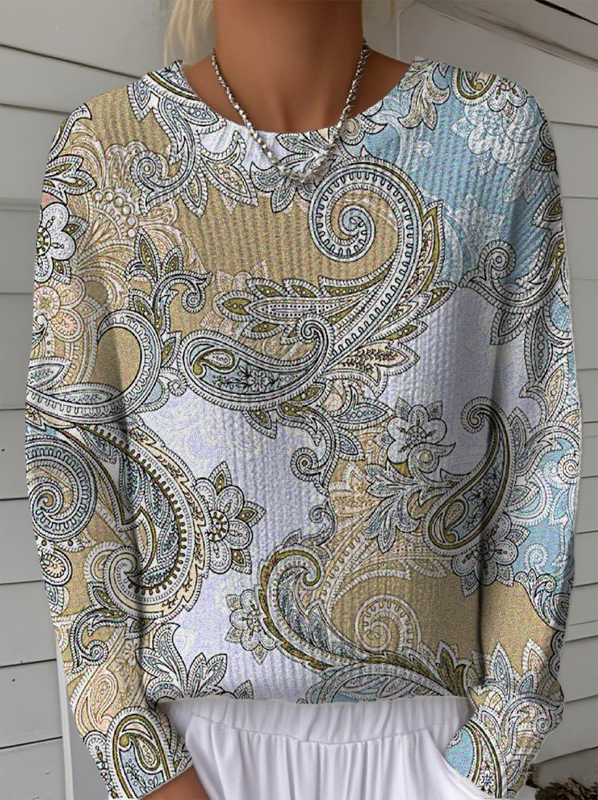 Damen Paisley Langarm Bequem Retro Pullover