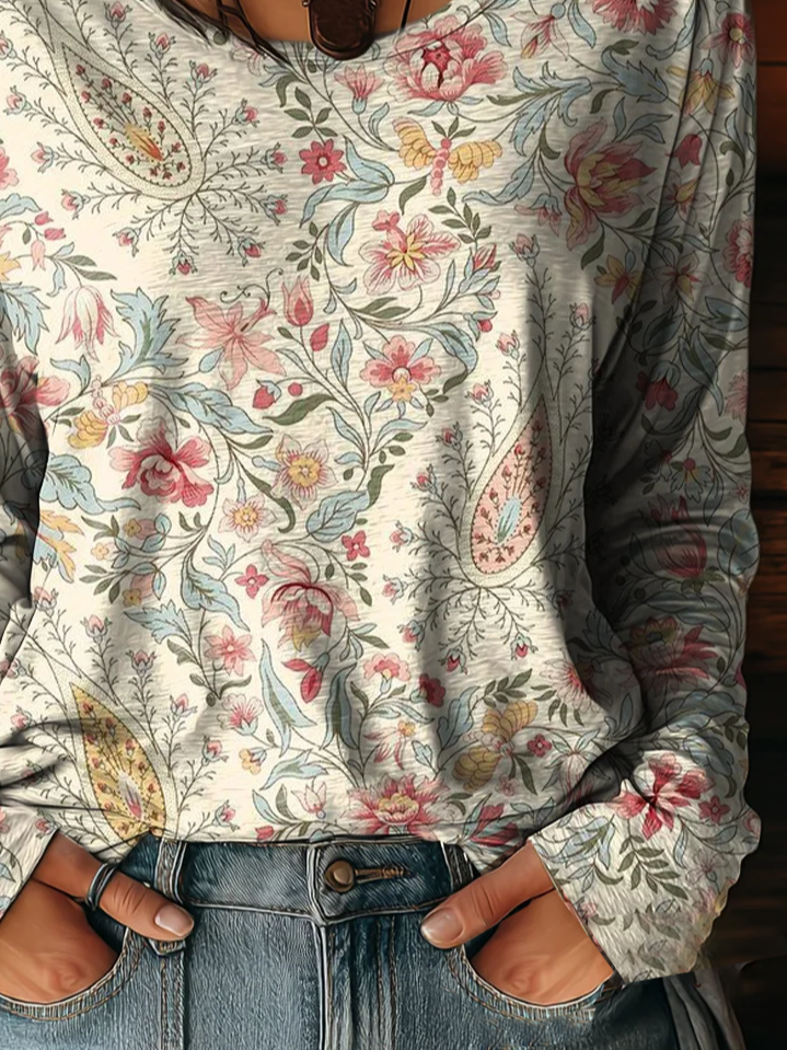 Lässig Geblümt Rundhals Langarm T-Shirt