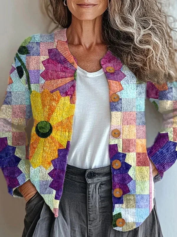 Damen Gestrickt Geometrisch Langarm Bequem Retro Strickjacke
