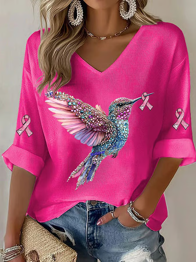 Lässig 3d Drucken V-Ausschnitt Dreiviertelärmel T-Shirt