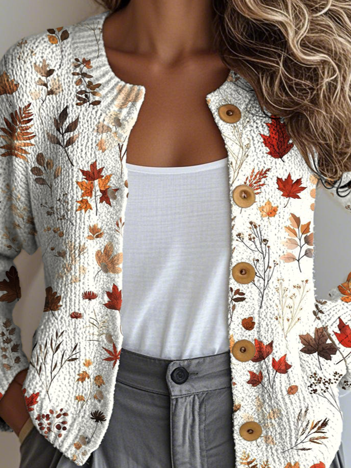 Damen Gestrickt Ahornblatt Langarm Bequem Retro Strickjacke