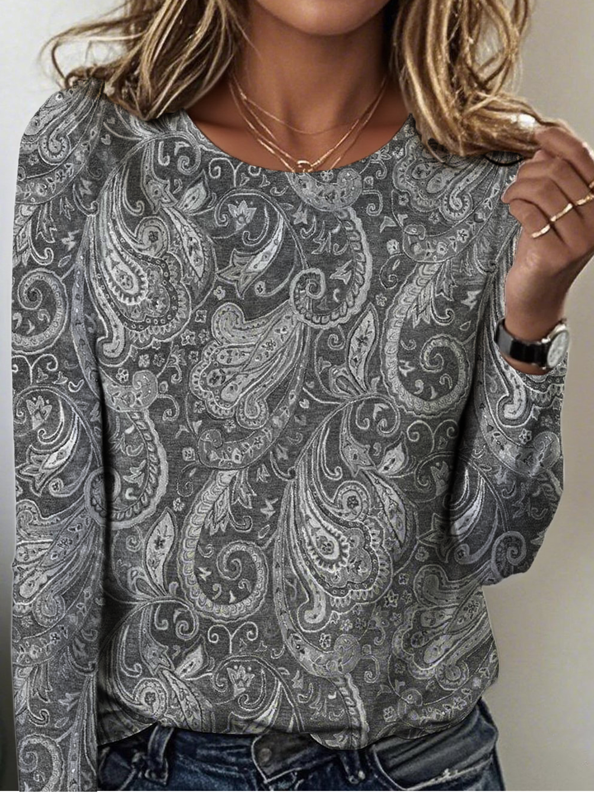 Retro Paisley Rundhals Langarm T-Shirt