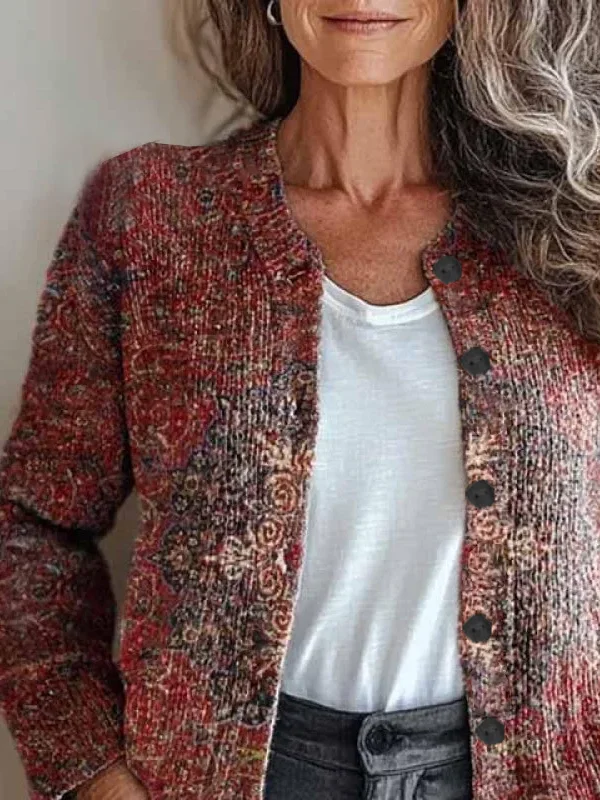 Damen Ethnisch Langarm Bequem Retro Print Strickjacke